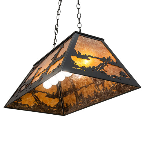 Meyda Lighting Deer at Lake 33" 6-Light Textured Black Island Pendant Light With Amber Mica Shade Glass
