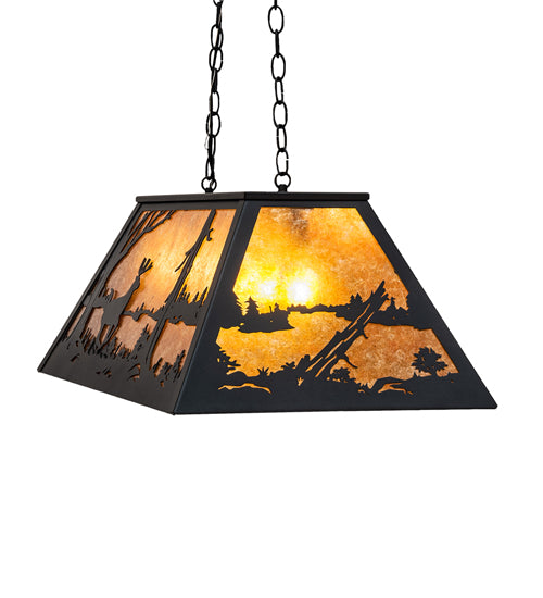 Meyda Lighting Deer at Lake 33" 6-Light Textured Black Island Pendant Light With Amber Mica Shade Glass