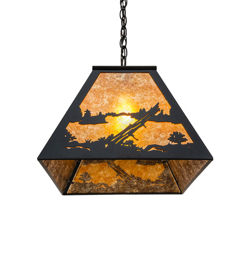 Meyda Lighting Deer at Lake 33" 6-Light Textured Black Island Pendant Light With Amber Mica Shade Glass