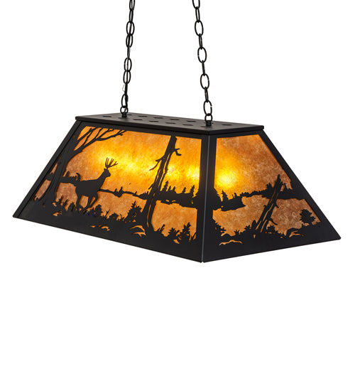 Meyda Lighting Deer at Lake 33" 6-Light Textured Black Island Pendant Light With Amber Mica Shade Glass