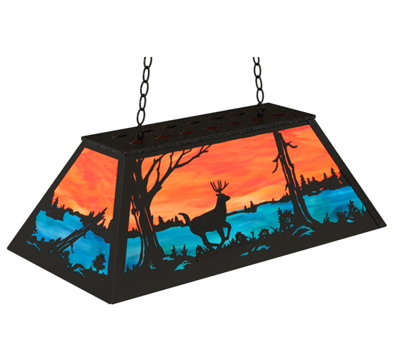 Meyda Lighting Deer at Lake 33" 6-Light Textured Black Island Pendant Light With Orange & Blue Green Art Shade Glass