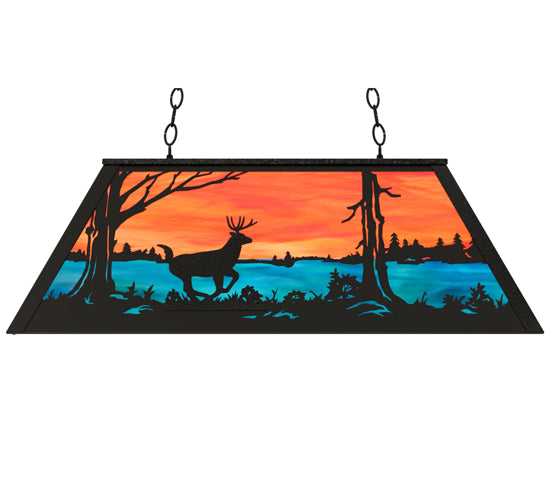 Meyda Lighting Deer at Lake 33" 6-Light Textured Black Island Pendant Light With Orange & Blue Green Art Shade Glass
