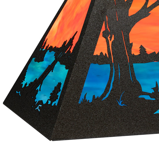 Meyda Lighting Deer at Lake 33" 6-Light Textured Black Island Pendant Light With Orange & Blue Green Art Shade Glass