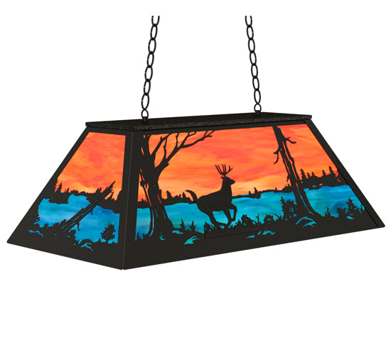 Meyda Lighting Deer at Lake 33" 6-Light Textured Black Island Pendant Light With Orange & Blue Green Art Shade Glass