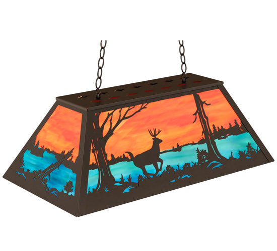 Meyda Lighting Deer at Lake 33" 6-Light Timeless Bronze Island Pendant Light With Orange & Blue Green Art Shade Glass