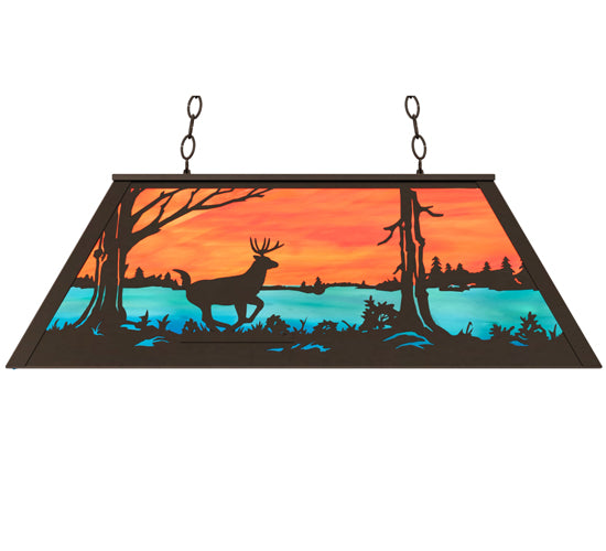 Meyda Lighting Deer at Lake 33" 6-Light Timeless Bronze Island Pendant Light With Orange & Blue Green Art Shade Glass