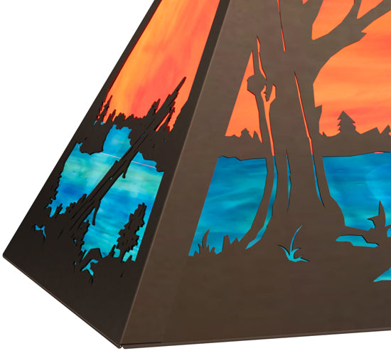 Meyda Lighting Deer at Lake 33" 6-Light Timeless Bronze Island Pendant Light With Orange & Blue Green Art Shade Glass