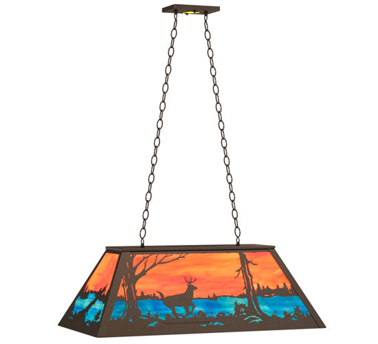 Meyda Lighting Deer at Lake 33" 6-Light Timeless Bronze Island Pendant Light With Orange & Blue Green Art Shade Glass