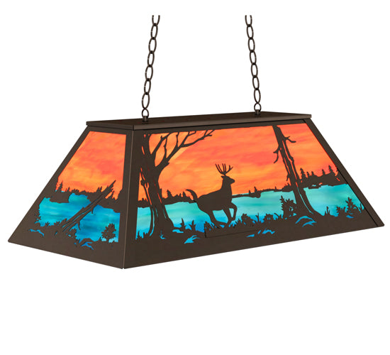 Meyda Lighting Deer at Lake 33" 6-Light Timeless Bronze Island Pendant Light With Orange & Blue Green Art Shade Glass