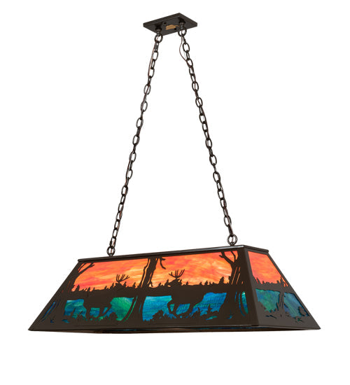 Meyda Lighting Deer at Lake 40" 6-Light Timeless Bronze Island Pendant Light With Orange Opal & Blue Green Shade Glass
