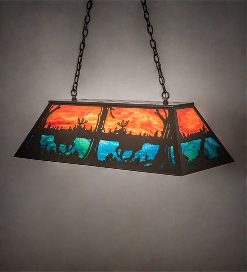 Meyda Lighting Deer at Lake 40" 6-Light Timeless Bronze Island Pendant Light With Orange Opal & Blue Green Shade Glass