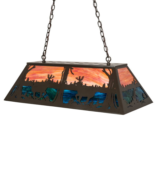Meyda Lighting Deer at Lake 40" 6-Light Timeless Bronze Island Pendant Light With Orange Opal & Blue Green Shade Glass