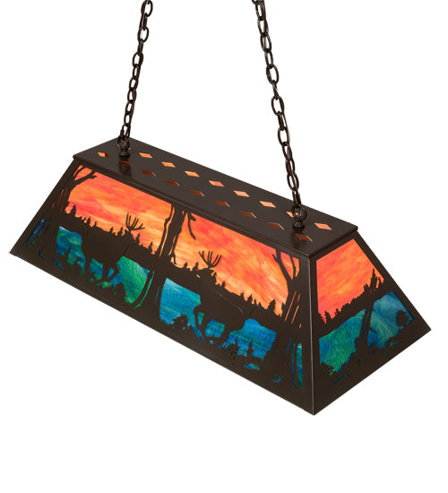 Meyda Lighting Deer at Lake 40" 6-Light Timeless Bronze Island Pendant Light With Orange Opal & Blue Green Shade Glass