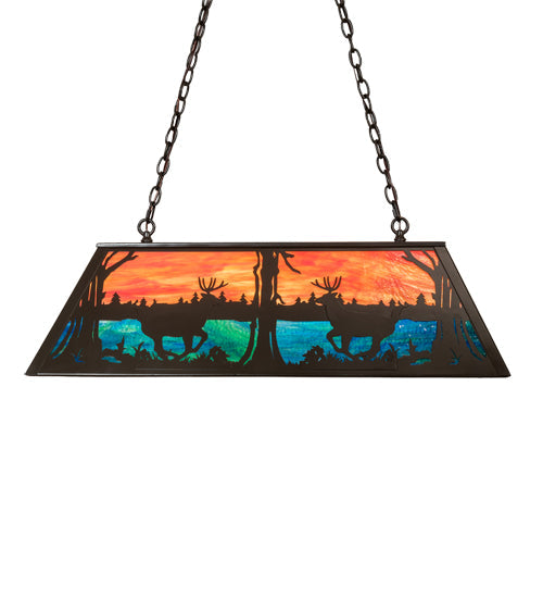 Meyda Lighting Deer at Lake 40" 6-Light Timeless Bronze Island Pendant Light With Orange Opal & Blue Green Shade Glass