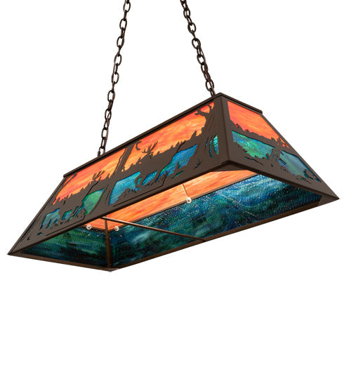 Meyda Lighting Deer at Lake 40" 6-Light Timeless Bronze Island Pendant Light With Orange Opal & Blue Green Shade Glass