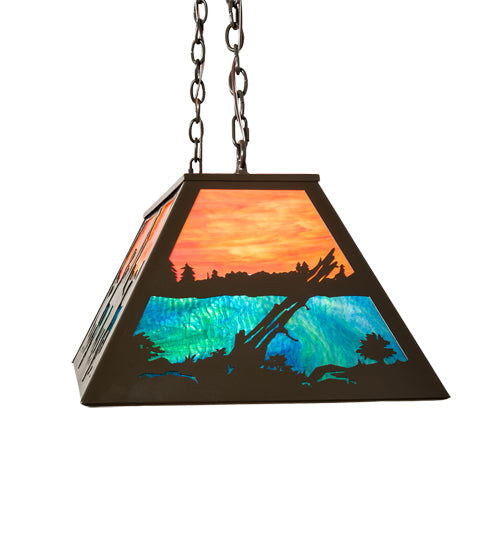 Meyda Lighting Deer at Lake 40" 6-Light Timeless Bronze Island Pendant Light With Orange Opal & Blue Green Shade Glass