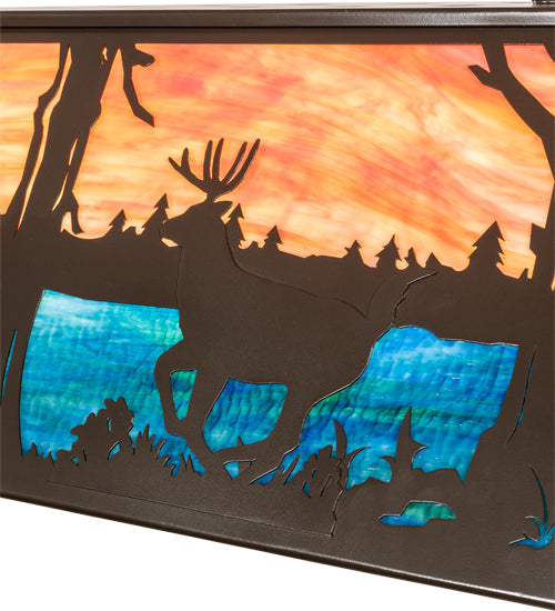 Meyda Lighting Deer at Lake 40" 6-Light Timeless Bronze Island Pendant Light With Orange Opal & Blue Green Shade Glass