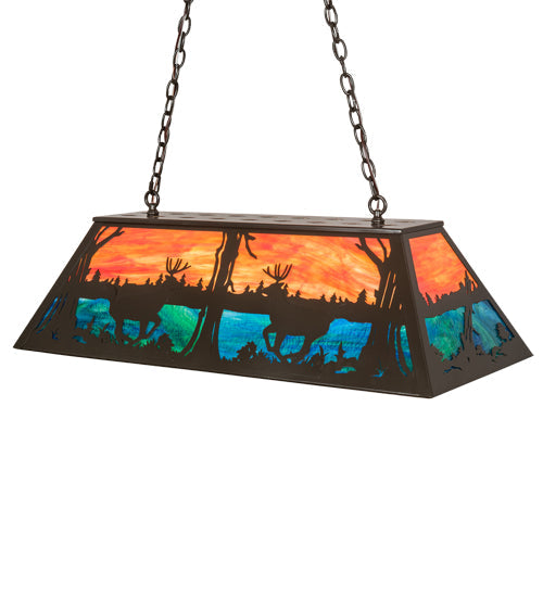 Meyda Lighting Deer at Lake 40" 6-Light Timeless Bronze Island Pendant Light With Orange Opal & Blue Green Shade Glass