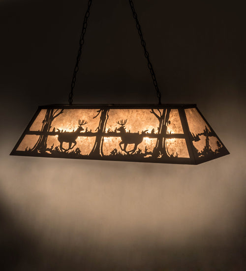 Meyda Lighting Deer at Lake 48" 6-Light Oil Rubbed Bronze Island Pendant Light With Silver Mica Shade Glass