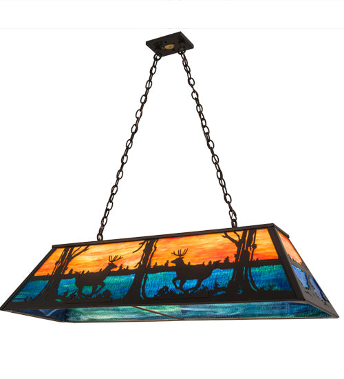 Meyda Lighting Deer at Lake 48" 6-Light Timeless Bronze Island Pendant Light With Amber & Blue Shade Glass