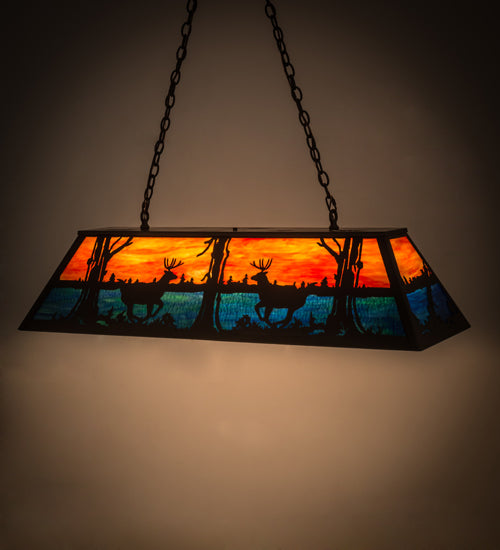 Meyda Lighting Deer at Lake 48" 6-Light Timeless Bronze Island Pendant Light With Amber & Blue Shade Glass