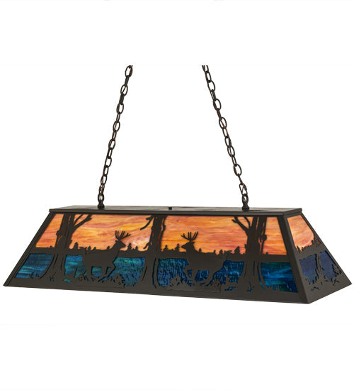 Meyda Lighting Deer at Lake 48" 6-Light Timeless Bronze Island Pendant Light With Amber & Blue Shade Glass