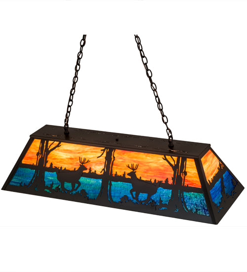 Meyda Lighting Deer at Lake 48" 6-Light Timeless Bronze Island Pendant Light With Amber & Blue Shade Glass