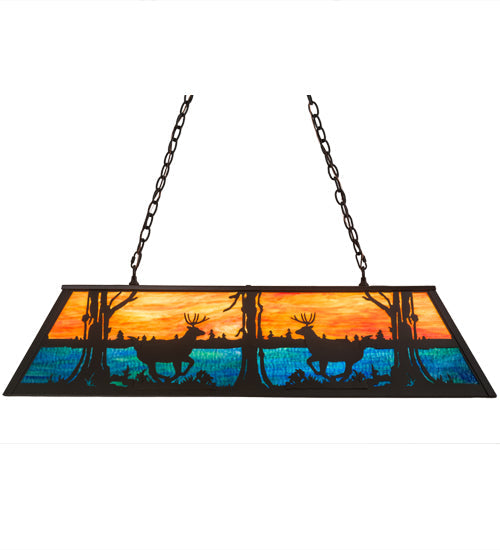 Meyda Lighting Deer at Lake 48" 6-Light Timeless Bronze Island Pendant Light With Amber & Blue Shade Glass