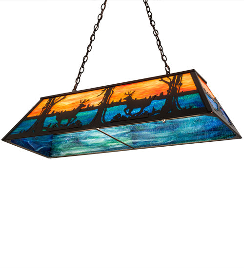 Meyda Lighting Deer at Lake 48" 6-Light Timeless Bronze Island Pendant Light With Amber & Blue Shade Glass