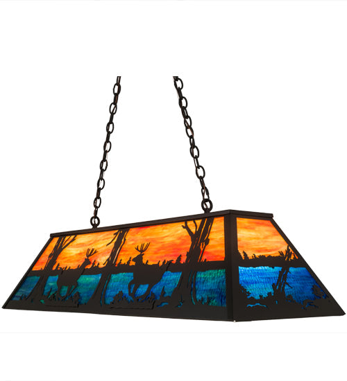 Meyda Lighting Deer at Lake 48" 6-Light Timeless Bronze Island Pendant Light With Amber & Blue Shade Glass