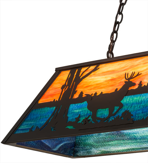 Meyda Lighting Deer at Lake 48" 6-Light Timeless Bronze Island Pendant Light With Amber & Blue Shade Glass