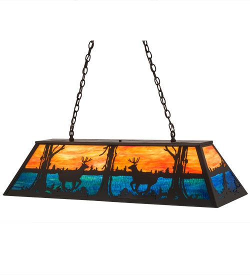 Meyda Lighting Deer at Lake 48" 6-Light Timeless Bronze Island Pendant Light With Amber & Blue Shade Glass