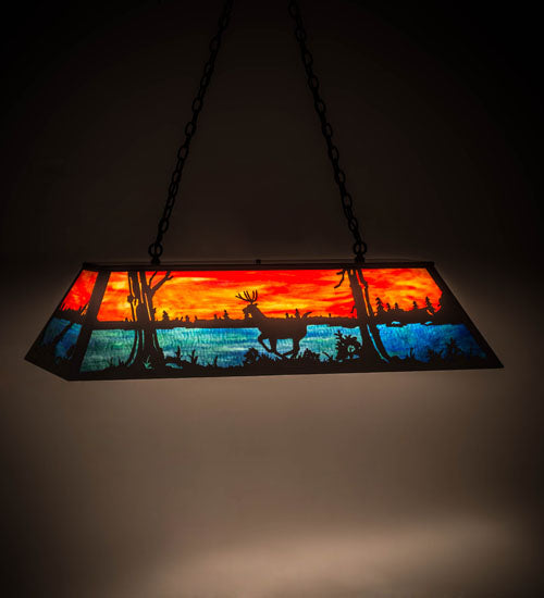 Meyda Lighting Deer at Lake 48" 6-Light Timeless Bronze Island Pendant Light With Orange & Blue Shade Glass