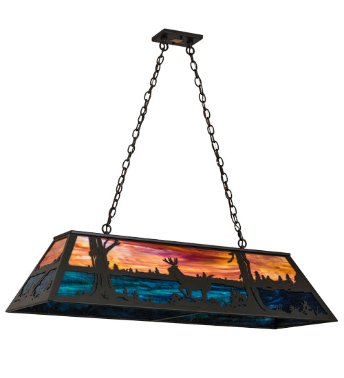 Meyda Lighting Deer at Lake 48" 6-Light Timeless Bronze Island Pendant Light With Orange & Blue Shade Glass