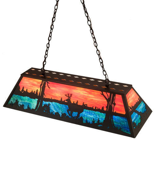 Meyda Lighting Deer at Lake 48" 6-Light Timeless Bronze Island Pendant Light With Orange & Blue Shade Glass
