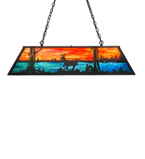 Meyda Lighting Deer at Lake 48" 6-Light Timeless Bronze Island Pendant Light With Orange & Blue Shade Glass