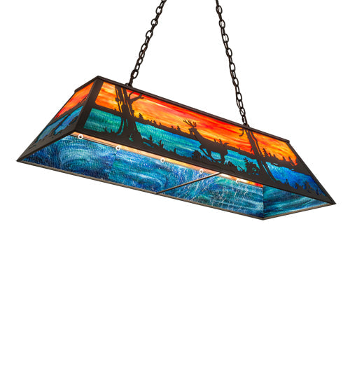 Meyda Lighting Deer at Lake 48" 6-Light Timeless Bronze Island Pendant Light With Orange & Blue Shade Glass