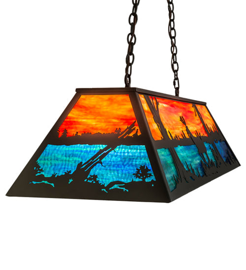 Meyda Lighting Deer at Lake 48" 6-Light Timeless Bronze Island Pendant Light With Orange & Blue Shade Glass