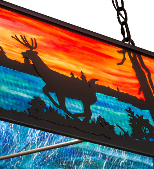 Meyda Lighting Deer at Lake 48" 6-Light Timeless Bronze Island Pendant Light With Orange & Blue Shade Glass