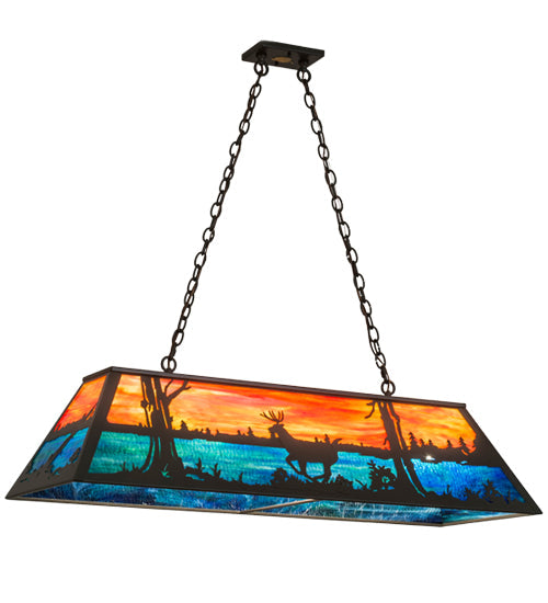 Meyda Lighting Deer at Lake 48" 6-Light Timeless Bronze Island Pendant Light With Orange & Blue Shade Glass