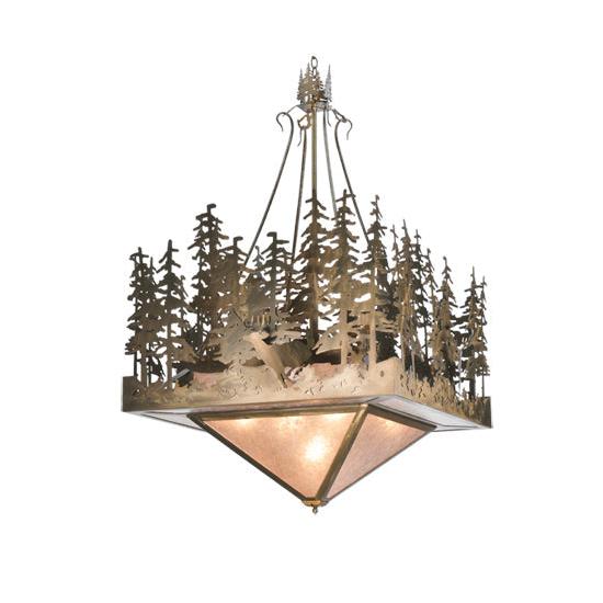 Meyda Lighting Deer at Lake 51" 5-Light Antique Copper Inverted Pendant Light With Silver Mica Shade Glass