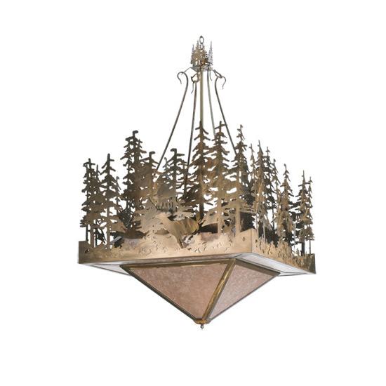 Meyda Lighting Deer at Lake 51" 5-Light Antique Copper Inverted Pendant Light With Silver Mica Shade Glass