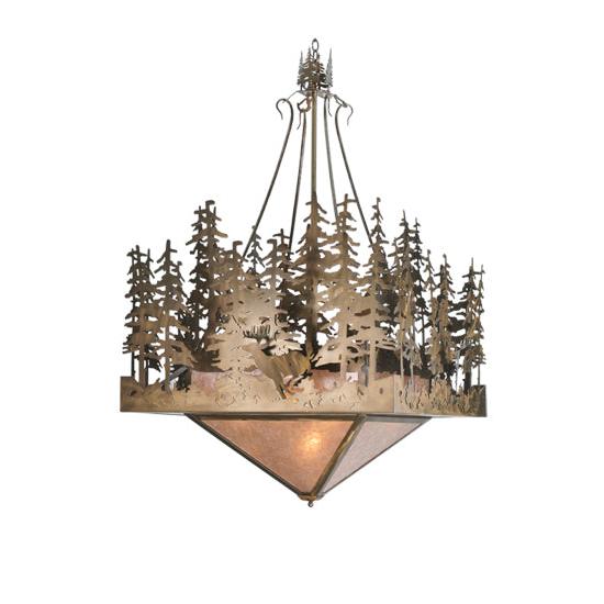 Meyda Lighting Deer at Lake 51" 5-Light Antique Copper Inverted Pendant Light With Silver Mica Shade Glass