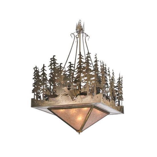 Meyda Lighting Deer at Lake 51" 5-Light Antique Copper Inverted Pendant Light With Silver Mica Shade Glass