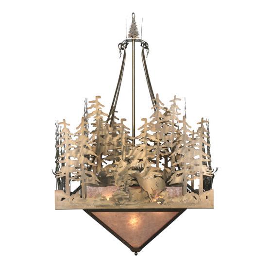Meyda Lighting Deer at Lake 51" 5-Light Antique Copper Inverted Pendant Light With Silver Mica Shade Glass