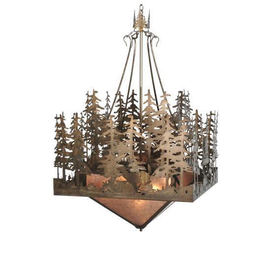 Meyda Lighting Deer at Lake 51" 5-Light Antique Copper Inverted Pendant Light With Silver Mica Shade Glass