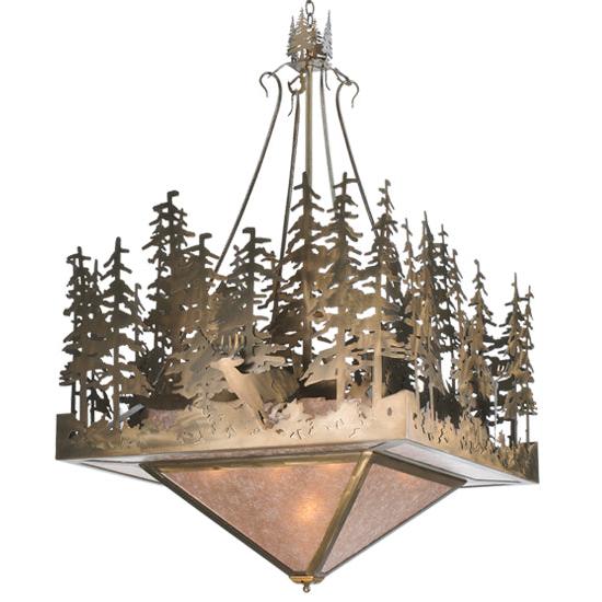 Meyda Lighting Deer at Lake 51" 5-Light Antique Copper Inverted Pendant Light With Silver Mica Shade Glass