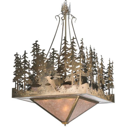 Meyda Lighting Deer at Lake 51" 5-Light Antique Copper Inverted Pendant Light With Silver Mica Shade Glass