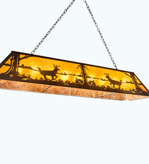 Meyda Lighting Deer at Lake 60" 9-Light Antique Copper Island Pendant Light With Amber Mica Shade Glass