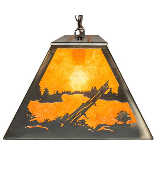 Meyda Lighting Deer at Lake 60" 9-Light Antique Copper Island Pendant Light With Amber Mica Shade Glass